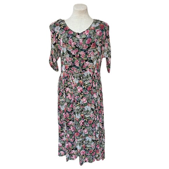 90s Vintage Floral Print Casual Day Dress Short Sleeve Fit + Flare Full Button - Picture 1 of 9
